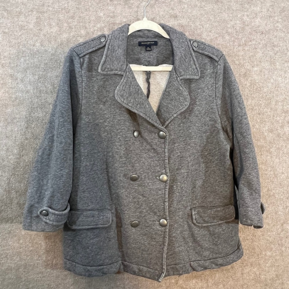 Banana Republic Pea Coat Women XL Gray Knit Double Breasted Epaulets Casual Soft